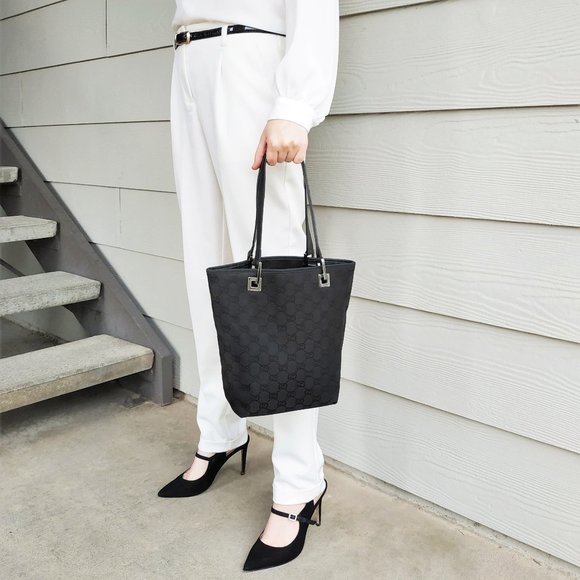 Gucci Handbags - Gucci Black Monogram Canvas Bucket Tote